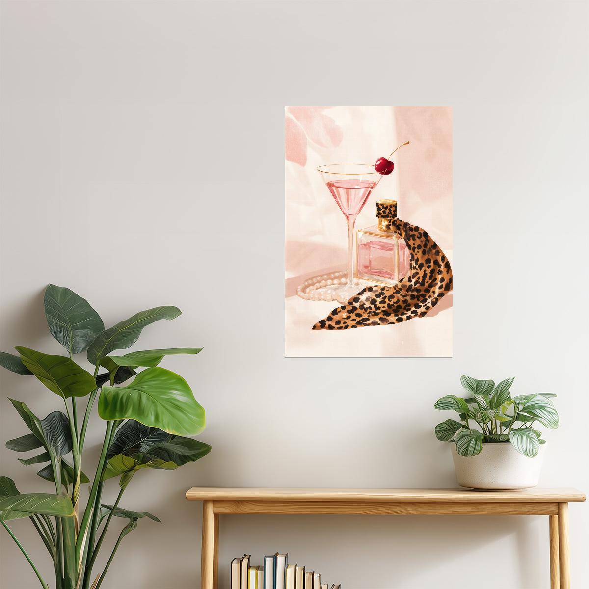 Pink Cocktail with Perfume Bottle | Glamorous Modern Still Life | Wall Decor Poster