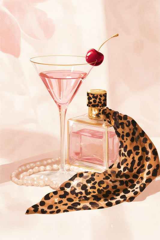 Pink Cocktail with Perfume Bottle | Glamorous Modern Still Life | Wall Decor Poster