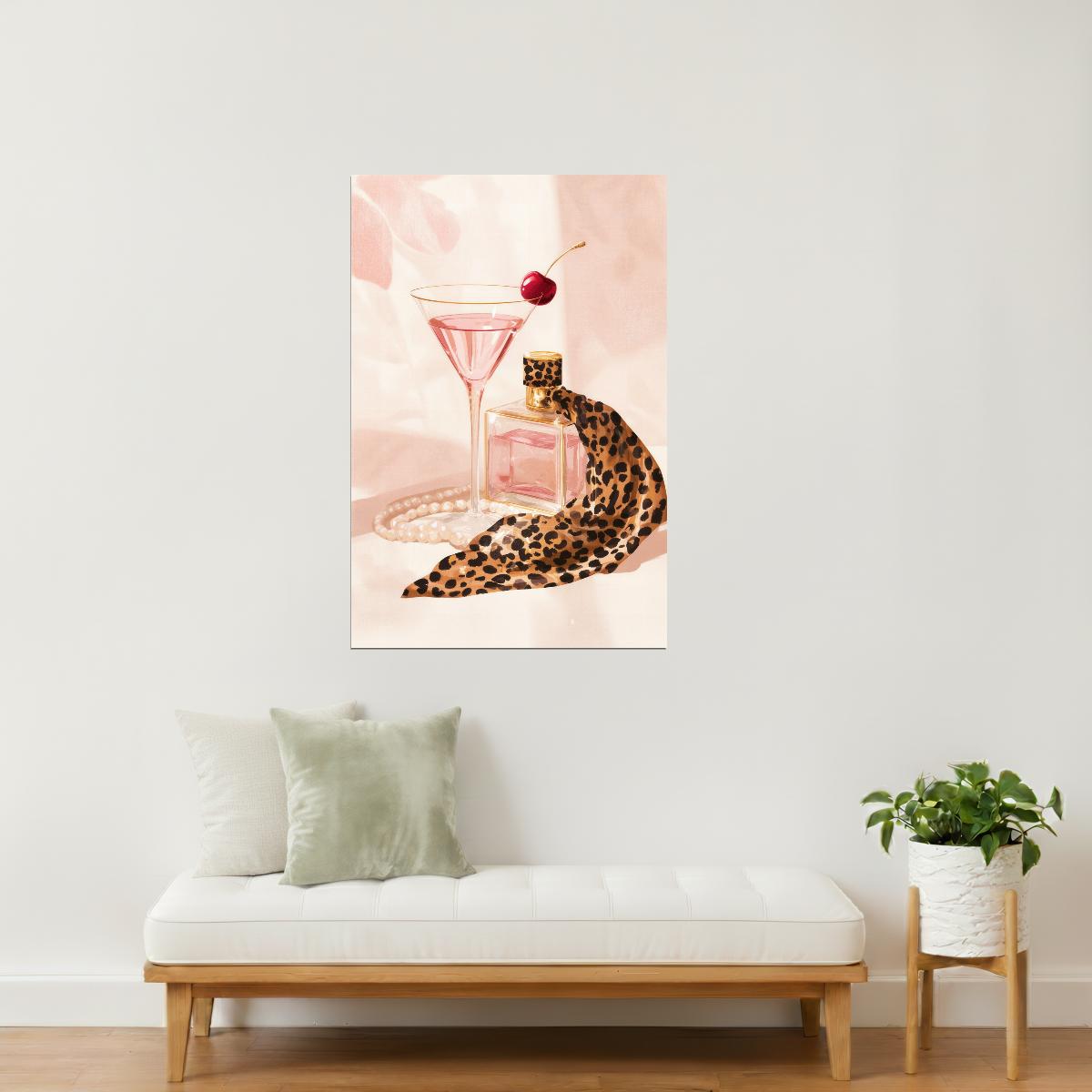 Pink Cocktail with Perfume Bottle | Glamorous Modern Still Life | Wall Decor Poster