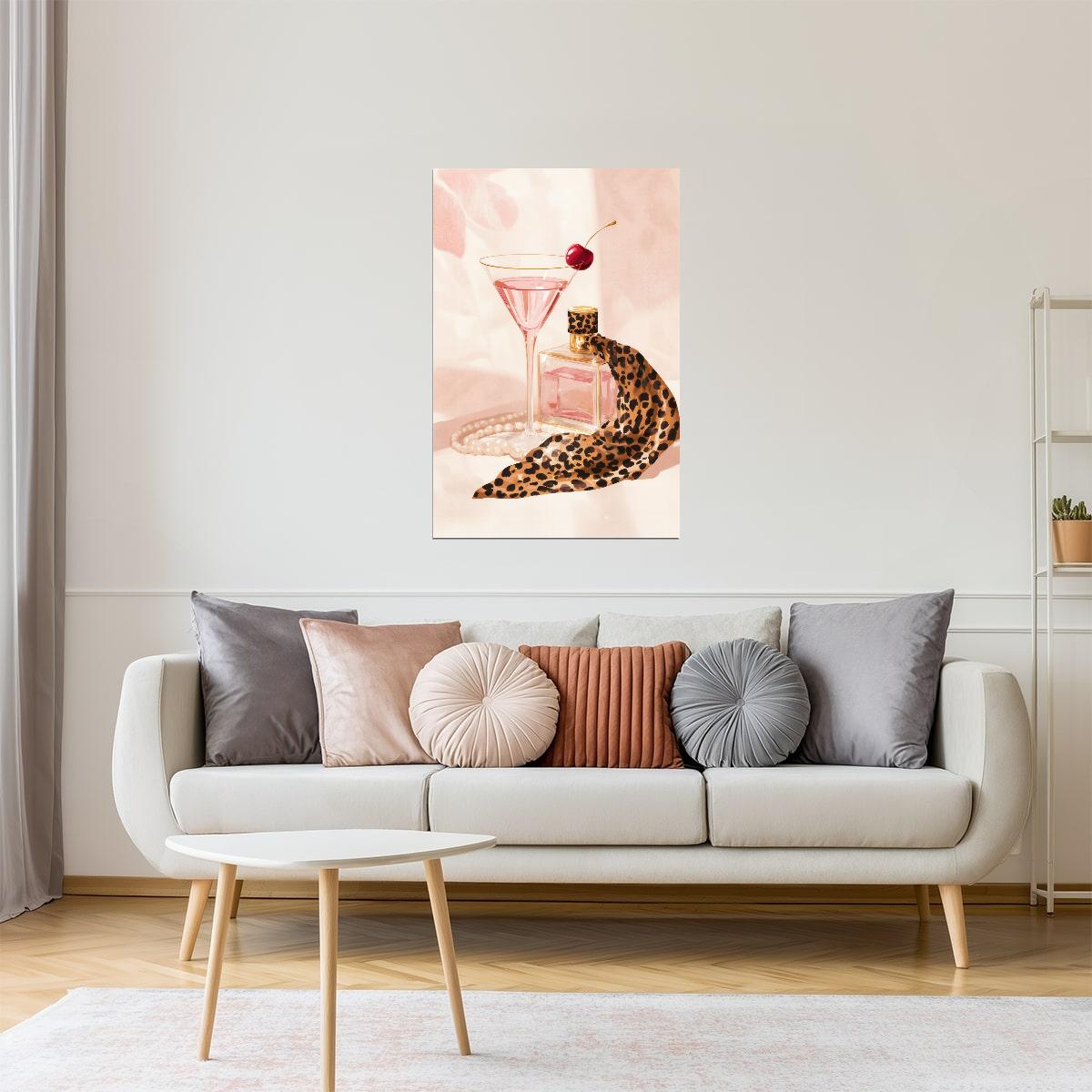 Pink Cocktail with Perfume Bottle | Glamorous Modern Still Life | Wall Decor Poster