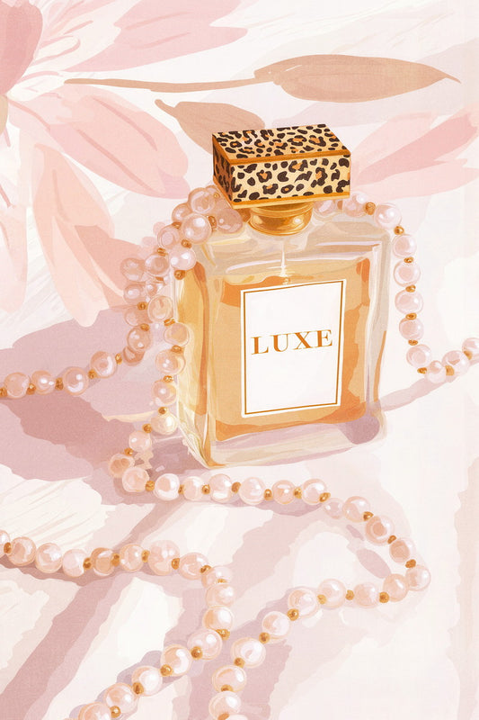 Luxury Perfume and Pearls | Sophisticated Vanity Art | Wall Art Print Poster
