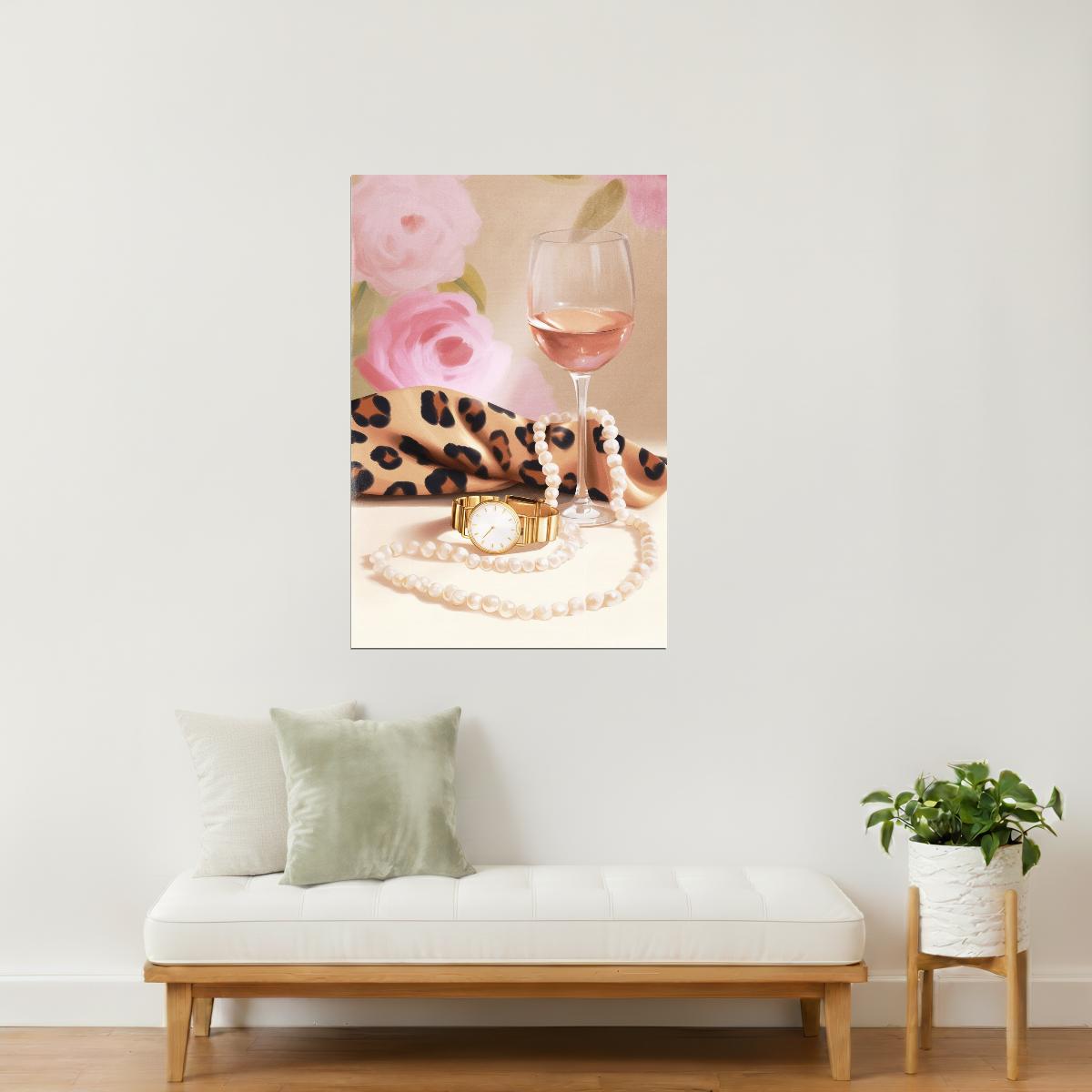 Rosé Wine and Leopard Print Scarf | Elegant Fashion Still Life | Wall Decor Poster