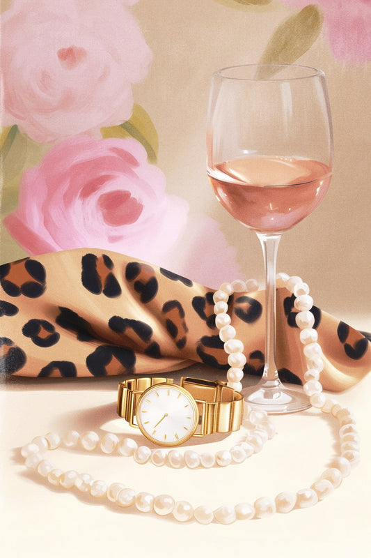 Rosé Wine and Leopard Print Scarf | Elegant Fashion Still Life | Wall Decor Poster