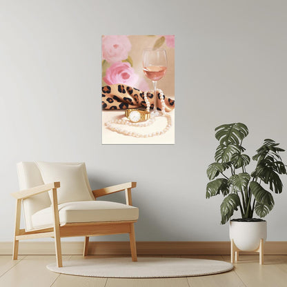 Rosé Wine and Leopard Print Scarf | Elegant Fashion Still Life | Wall Decor Poster