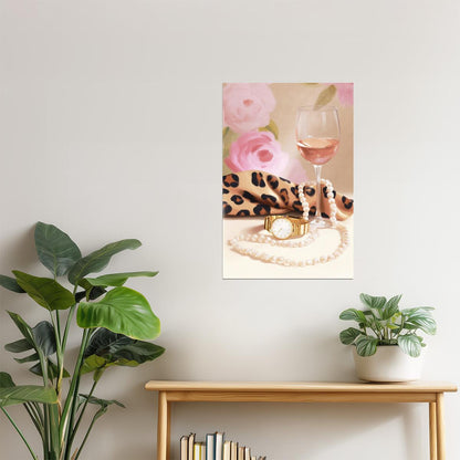 Rosé Wine and Leopard Print Scarf | Elegant Fashion Still Life | Wall Decor Poster