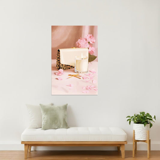 White Purse with Candle and Pink Petals | Soft Feminine Still Life | Wall Decor Poster