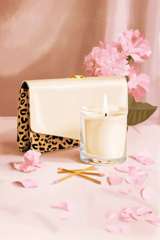 White Purse with Candle and Pink Petals | Soft Feminine Still Life | Wall Decor Poster