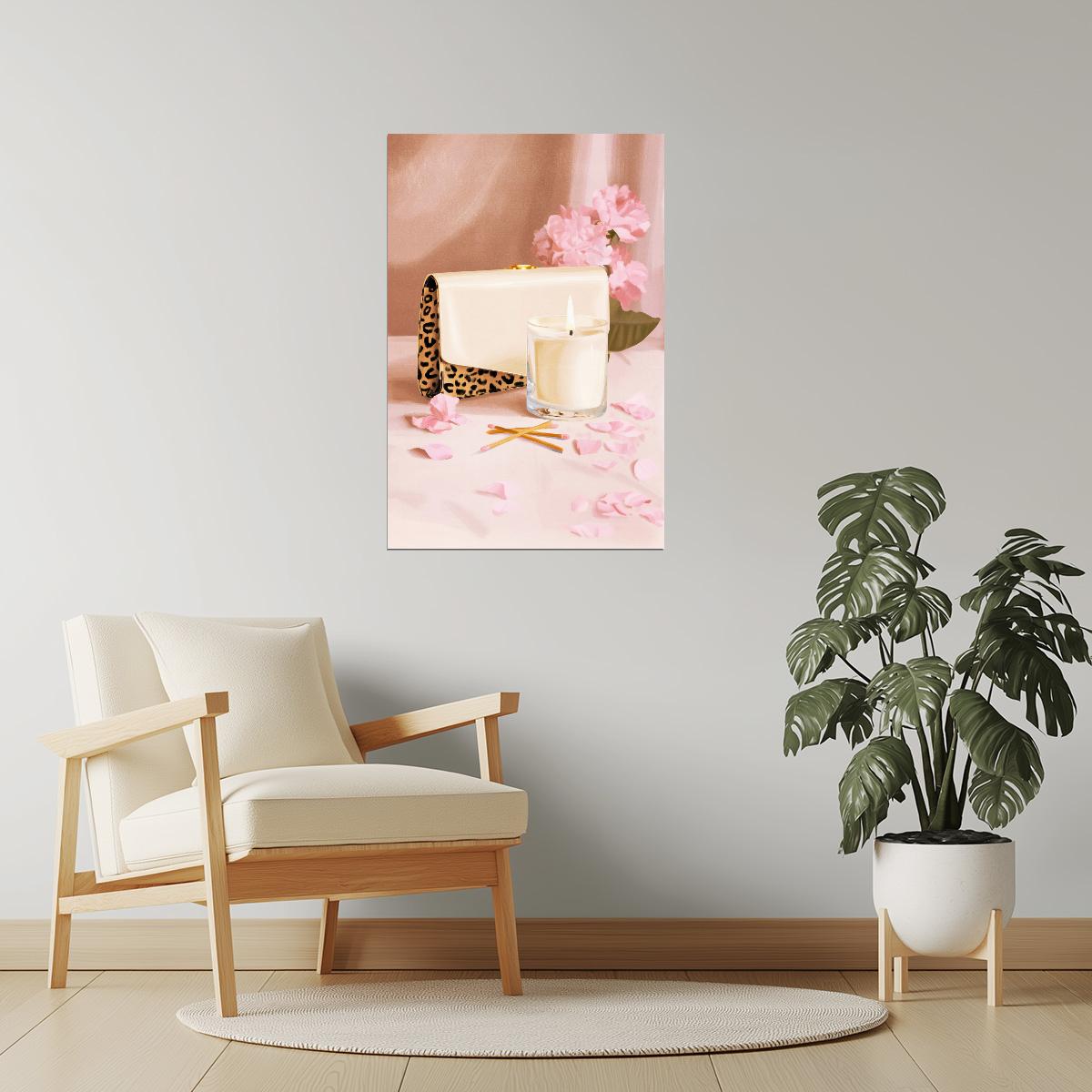White Purse with Candle and Pink Petals | Soft Feminine Still Life | Wall Decor Poster