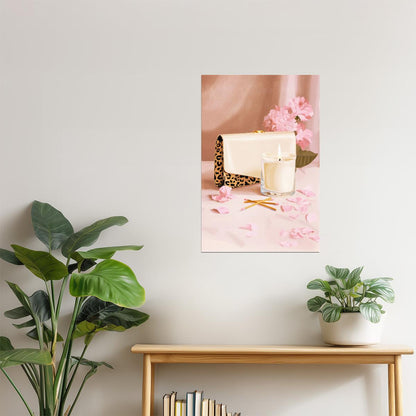 White Purse with Candle and Pink Petals | Soft Feminine Still Life | Wall Decor Poster