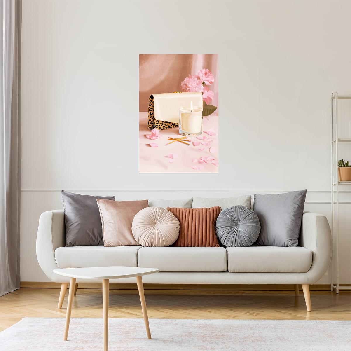 White Purse with Candle and Pink Petals | Soft Feminine Still Life | Wall Decor Poster