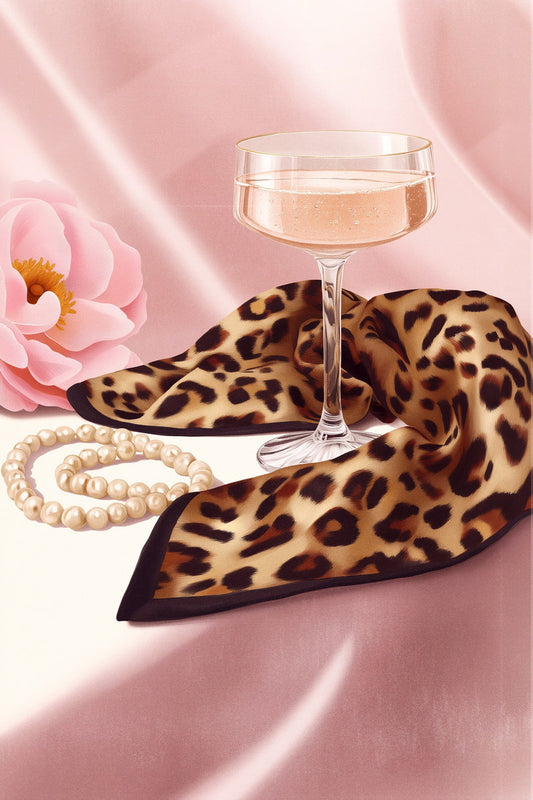 Champagne Glass with Leopard Scarf | Glamorous Coquette Aesthetic | Wall Art Print Poster