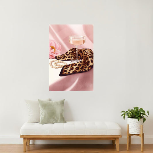 Champagne Glass with Leopard Scarf | Glamorous Coquette Aesthetic | Wall Art Print Poster