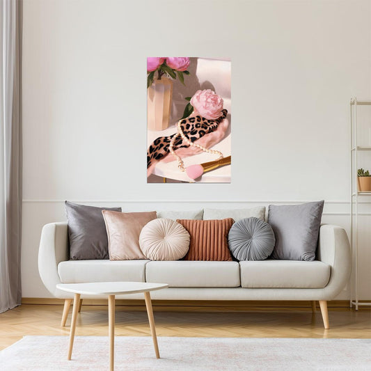 Pink Peony with Leopard Print Scarf | Romantic Vanity Still Life | Wall Decor Poster