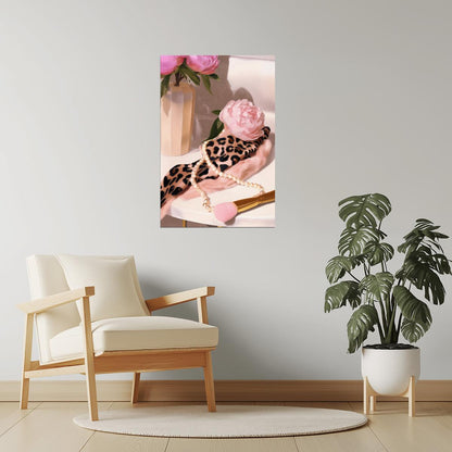 Pink Peony with Leopard Print Scarf | Romantic Vanity Still Life | Wall Decor Poster