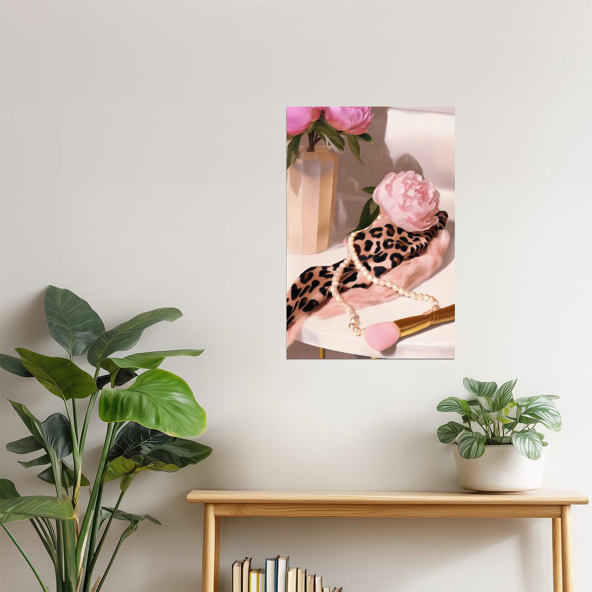 Pink Peony with Leopard Print Scarf | Romantic Vanity Still Life | Wall Decor Poster