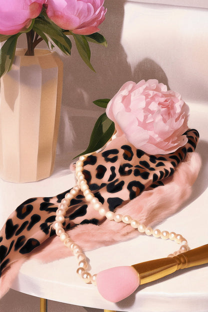 Pink Peony with Leopard Print Scarf | Romantic Vanity Still Life | Wall Decor Poster