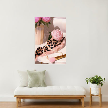 Pink Peony with Leopard Print Scarf | Romantic Vanity Still Life | Wall Decor Poster