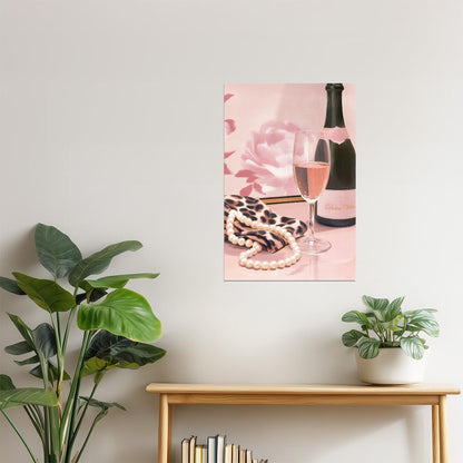 Champagne and Pearls with Bottle | Chic Parisian Aesthetic | Wall Decor Poster
