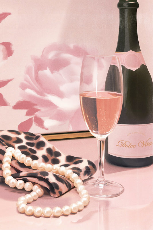 Champagne and Pearls with Bottle | Chic Parisian Aesthetic | Wall Decor Poster