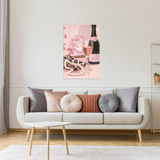 Champagne and Pearls with Bottle | Chic Parisian Aesthetic | Wall Decor Poster