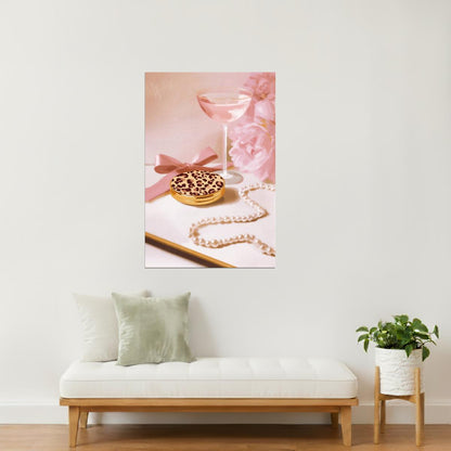 Pink Cocktail and Leopard Macaron | Playful Hyper-Feminine Still Life | Wall Art Print Poster