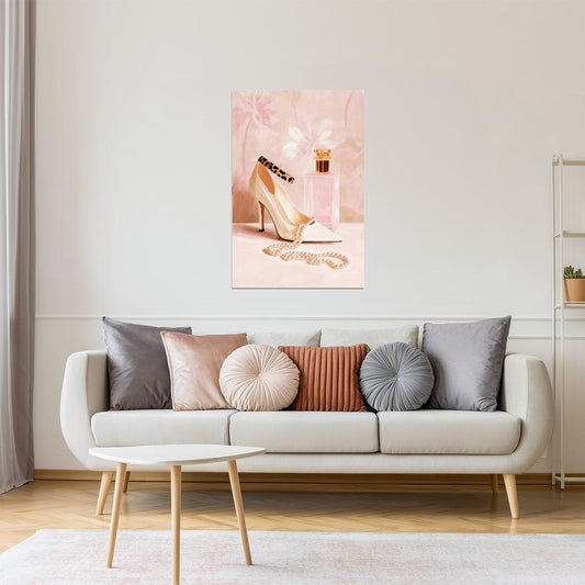 High Heels and Perfume Bottle | Glamorous Fashion Illustration | Wall Decor Poster