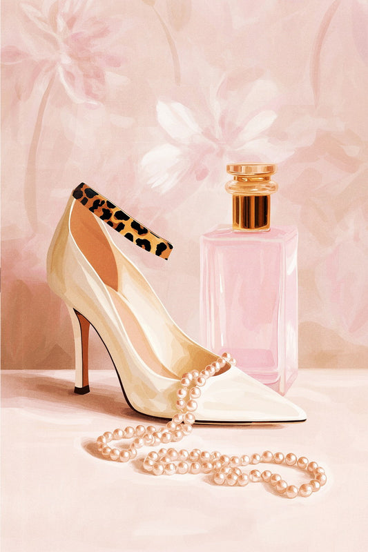 High Heels and Perfume Bottle | Glamorous Fashion Illustration | Wall Decor Poster