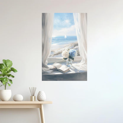 Ocean View with Flowers and Book | Coastal Granddaughter Bookish Aesthetic Poster