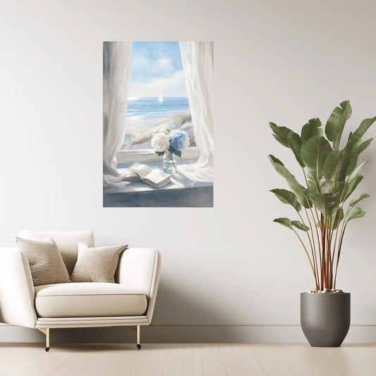 Ocean View with Flowers and Book | Coastal Granddaughter Bookish Aesthetic Poster