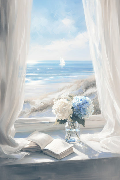 Ocean View with Flowers and Book | Coastal Granddaughter Bookish Aesthetic Poster