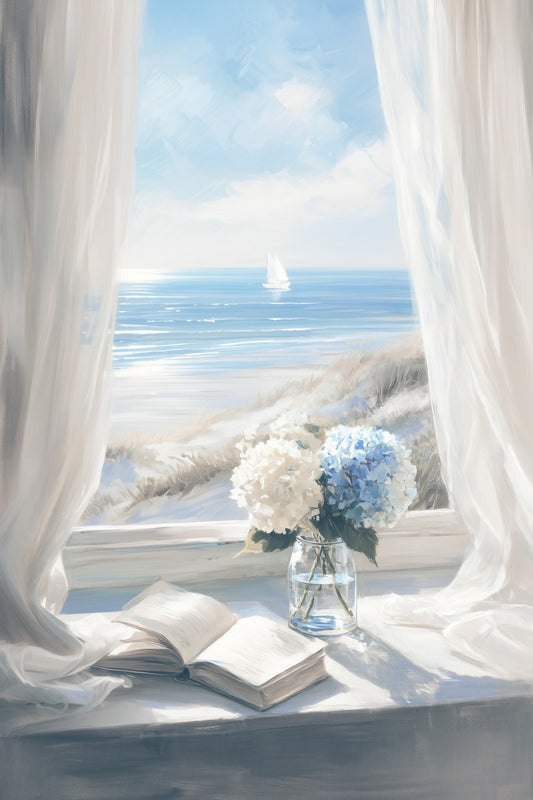Ocean View with Flowers and Book | Coastal Granddaughter Bookish Aesthetic Poster