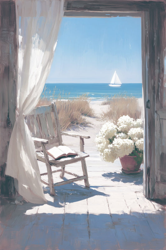 Beach View with Chair and Flowers | Coastal Granddaughter Aesthetic Poster