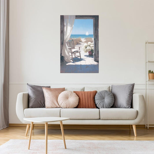 Beach View with Chair and Flowers | Coastal Granddaughter Aesthetic Poster