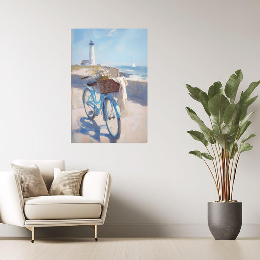 Lighthouse with Blue Bicycle and Flowers | Coastal Granddaughter Aesthetic Poster