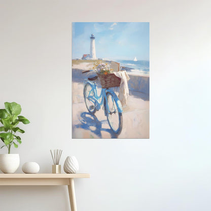 Lighthouse with Blue Bicycle and Flowers | Coastal Granddaughter Aesthetic Poster