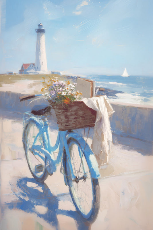 Lighthouse with Blue Bicycle and Flowers | Coastal Granddaughter Aesthetic Poster