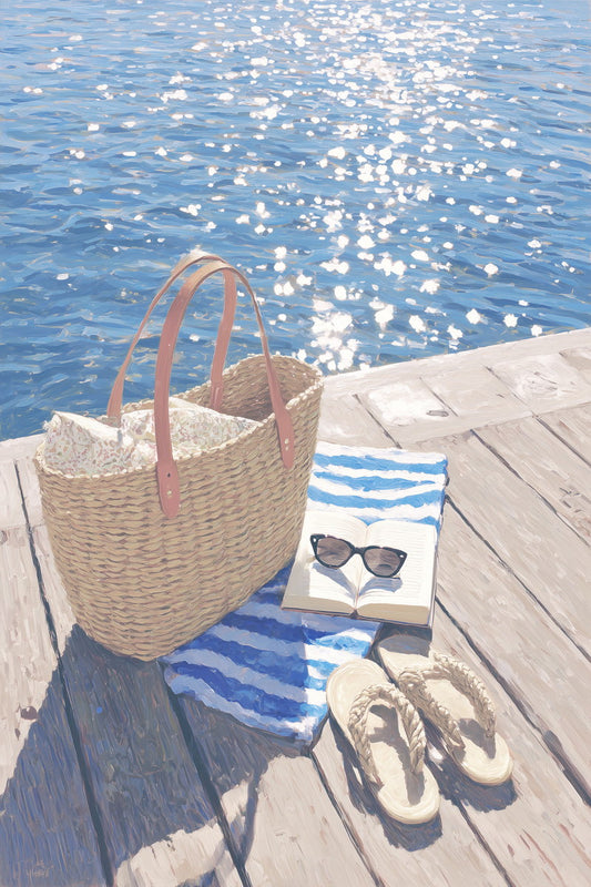 Beach Picnic with Basket and Flip Flops | Coastal Granddaughter Aesthetic Poster