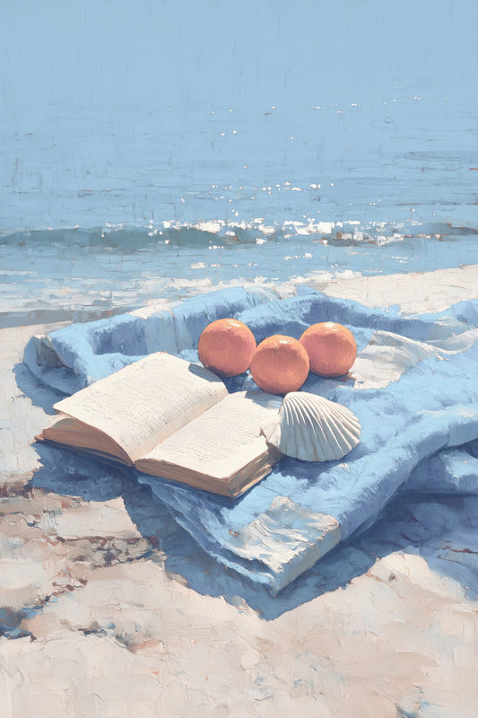 Reading by the Ocean with Fruits and Shells | Coastal Granddaughter Bookish Aesthetic Poster