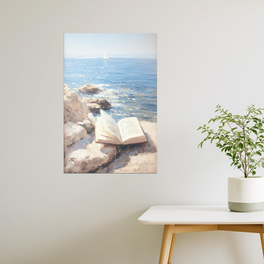 Open Book on Ocean Rocks | Coastal Granddaughter Bookish Aesthetic Poster