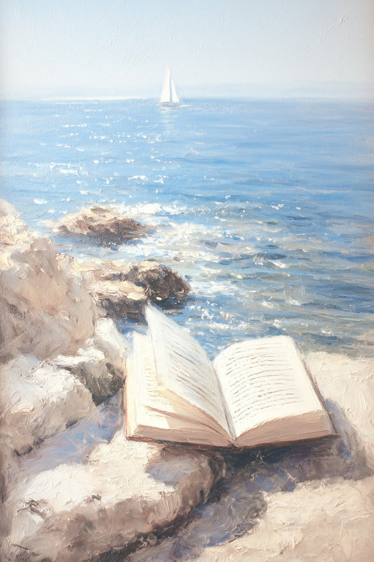 Open Book on Ocean Rocks | Coastal Granddaughter Bookish Aesthetic Poster