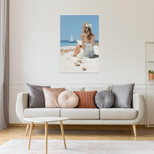 Girl Sitting on the Beach with Sailboat | Coastal Granddaughter Aesthetic Poster