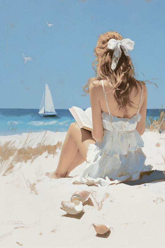 Girl Sitting on the Beach with Sailboat | Coastal Granddaughter Aesthetic Poster