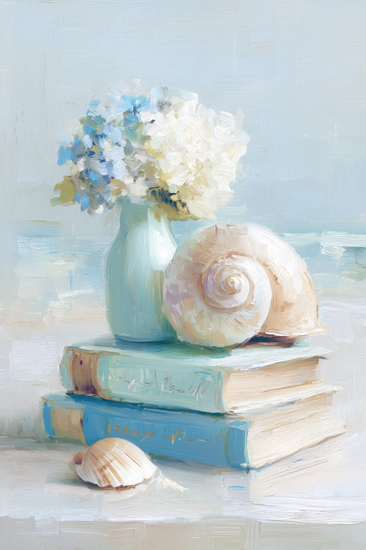 Still Life with Flowers, Books and Seashell | Coastal Granddaughter Bookish Aesthetic Poster