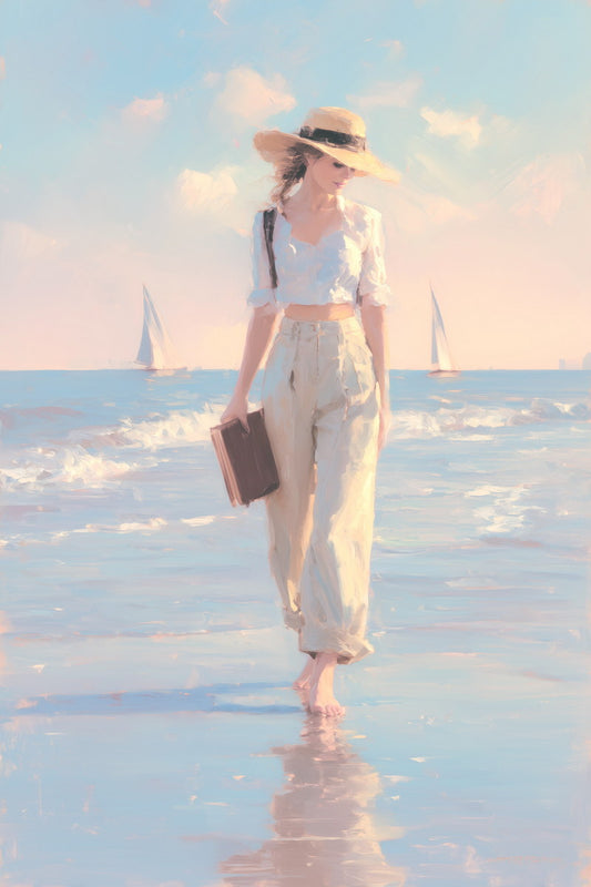 Woman Walking on the Shore with Hat and Book | Coastal Cowgirl Aesthetic Poster