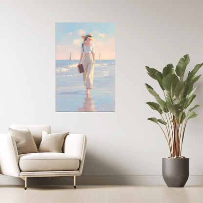 Woman Walking on the Shore with Hat and Book | Coastal Cowgirl Aesthetic Poster