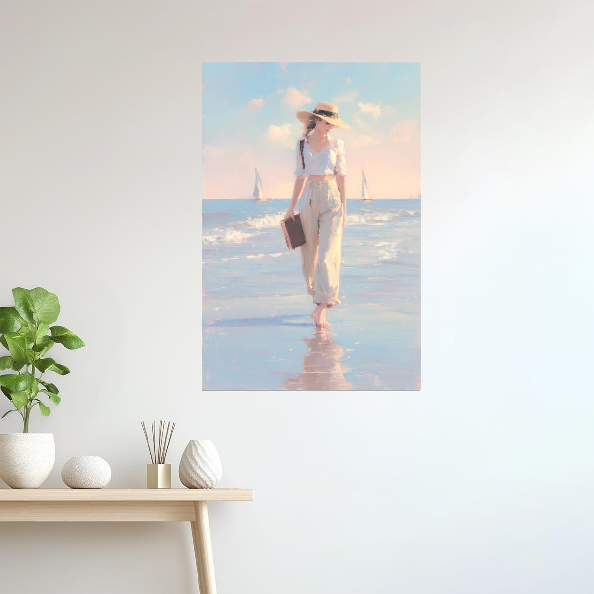 Woman Walking on the Shore with Hat and Book | Coastal Cowgirl Aesthetic Poster