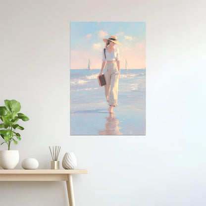 Woman Walking on the Shore with Hat and Book | Coastal Cowgirl Aesthetic Poster