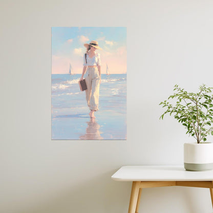 Woman Walking on the Shore with Hat and Book | Coastal Cowgirl Aesthetic Poster