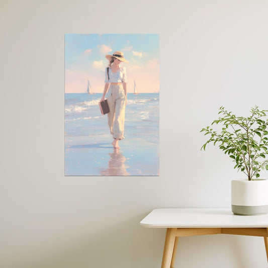 Woman Walking on the Shore with Hat and Book | Coastal Cowgirl Aesthetic Poster