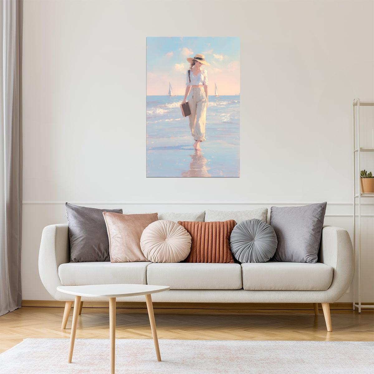 Woman Walking on the Shore with Hat and Book | Coastal Cowgirl Aesthetic Poster
